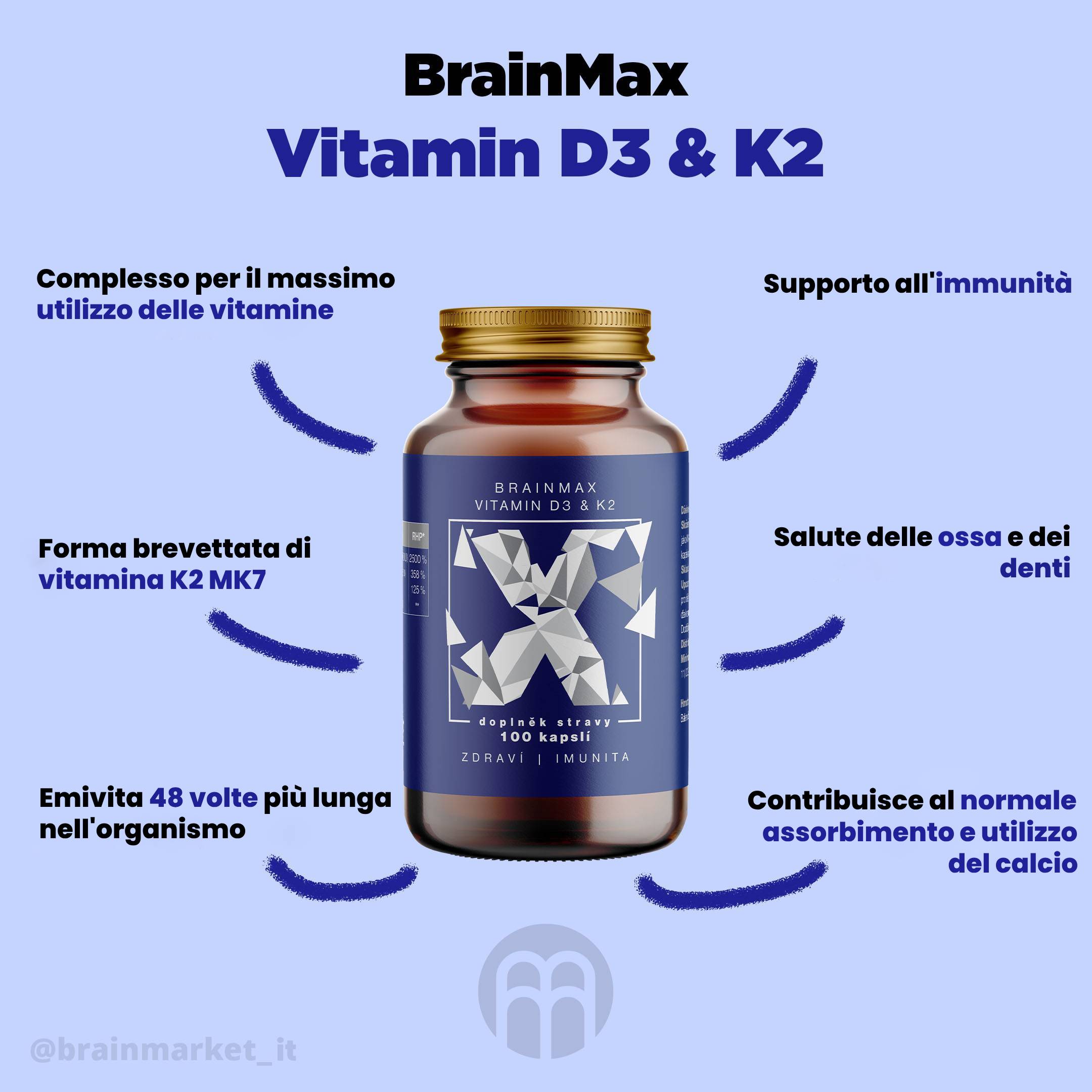 BrainMax Vitamina D3 e K2, D3 5000 UI / K2 come MK7 150 mcg, 100 capsule